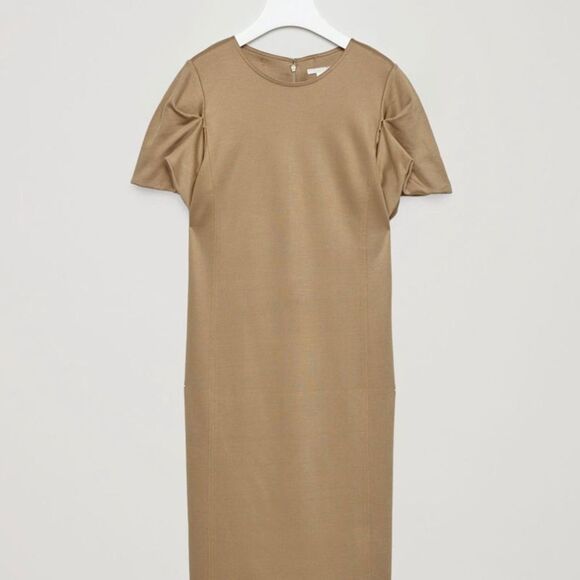 COS Tan Midi Sheath Short Puff Sleeve Dress - Picture 3 of 8